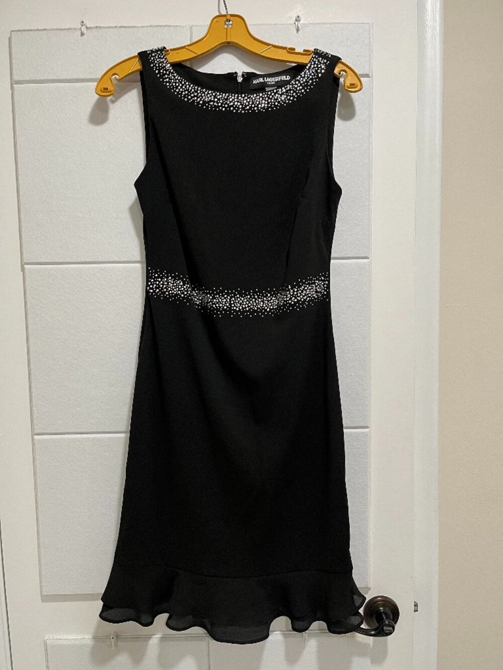 Karl Lagerfeld Black sleeveless dress size 4 ruffled chiffon hem and rhinestones